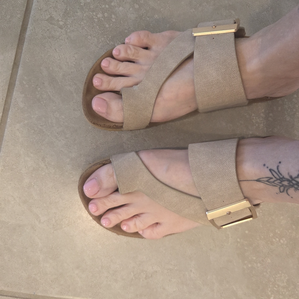 Bjorndal Beige Slide Sandals with Gold Buckle Accent
